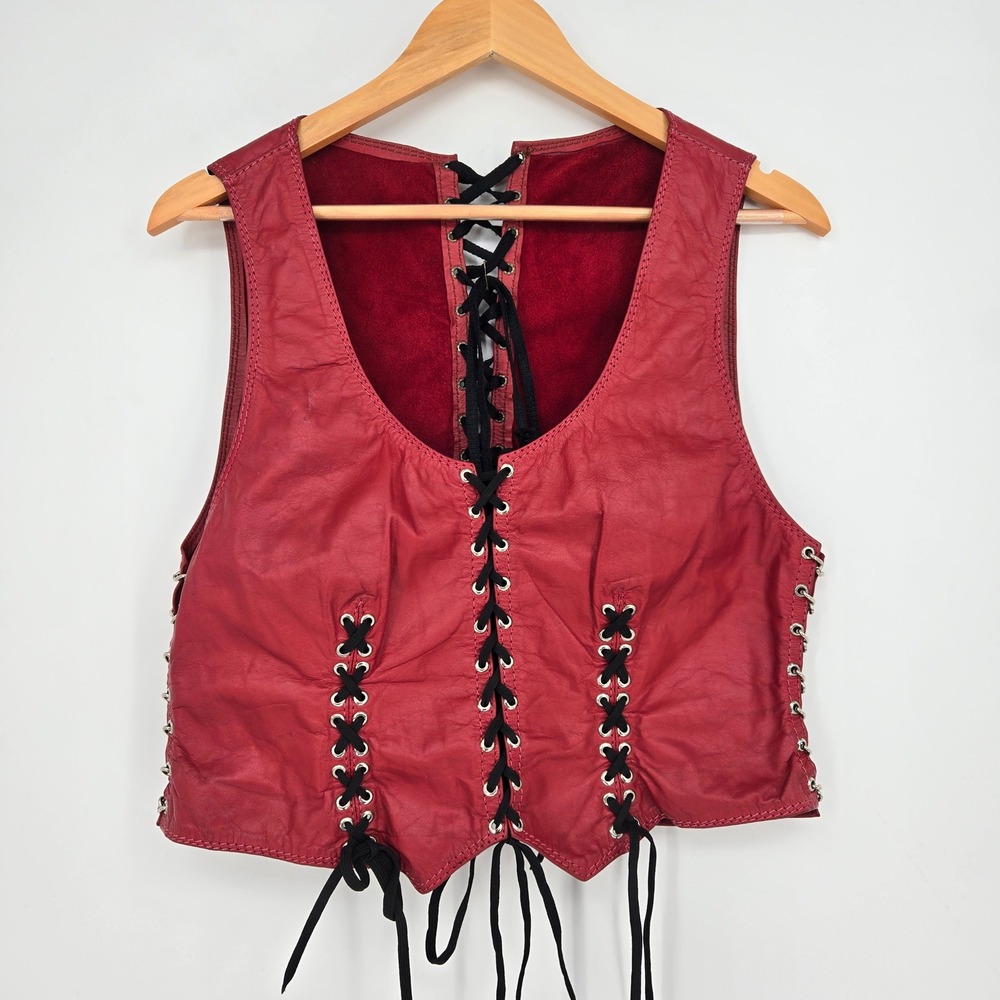 Womens Red Leather Lace Up Biker Vest Moto Goth Punk Corset Style S/M